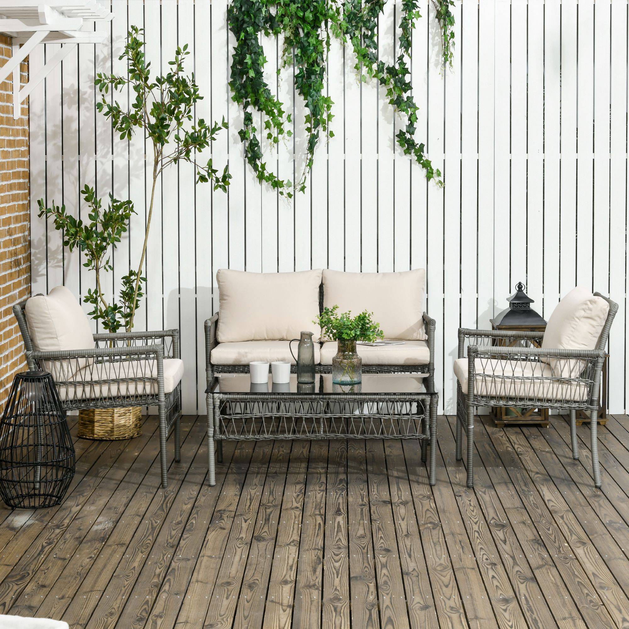 Outsunny - Ensemble salon de jardin 4 personnes 4 pièces - 8 coussins inclus - métal résine aspect rotin - beige gris - Outsunny - Imagen 7