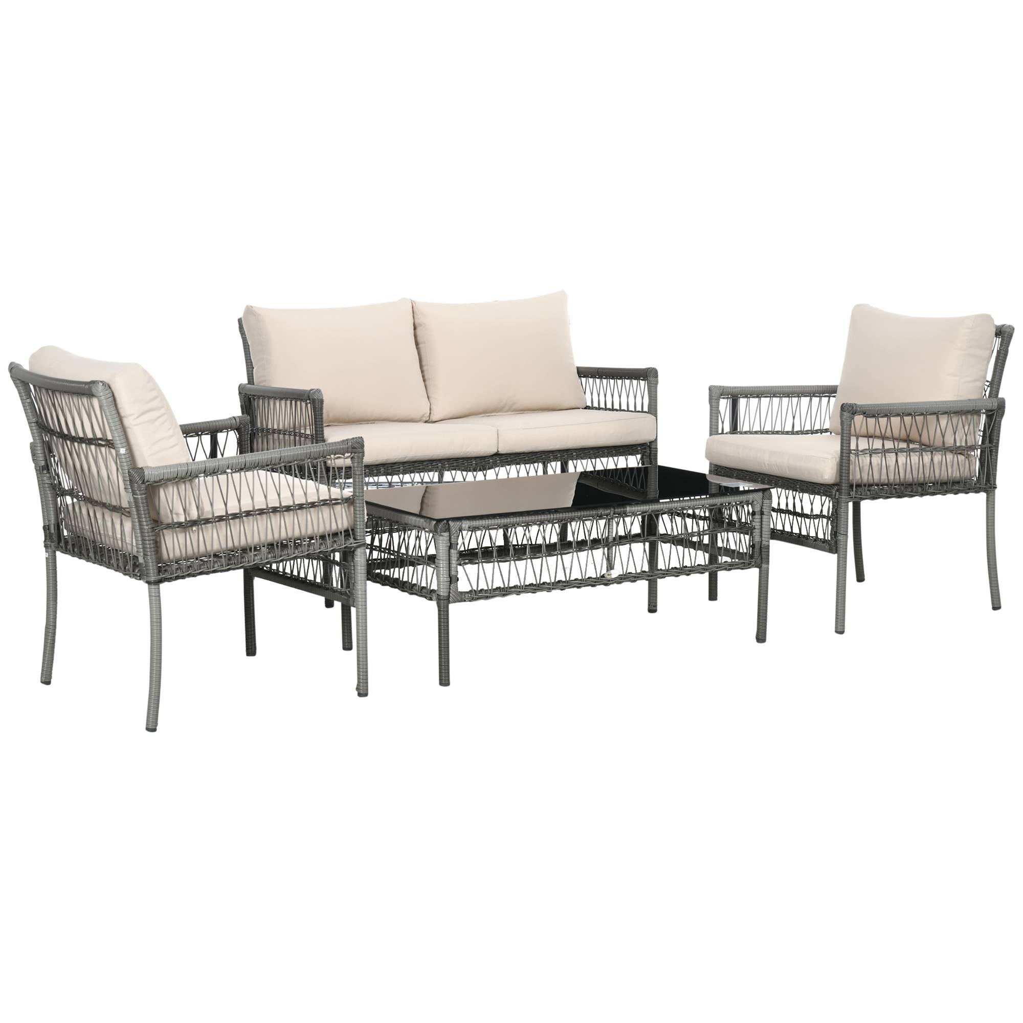 Outsunny - Ensemble salon de jardin 4 personnes 4 pièces - 8 coussins inclus - métal résine aspect rotin - beige gris - Outsunny - Imagen 1