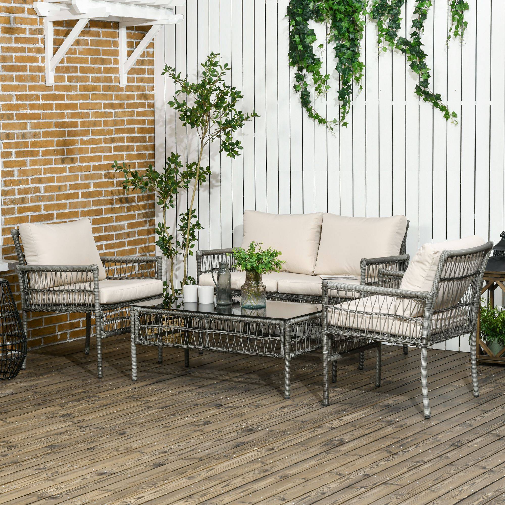 Outsunny - Ensemble salon de jardin 4 personnes 4 pièces - 8 coussins inclus - métal résine aspect rotin - beige gris - Outsunny - Imagen 2