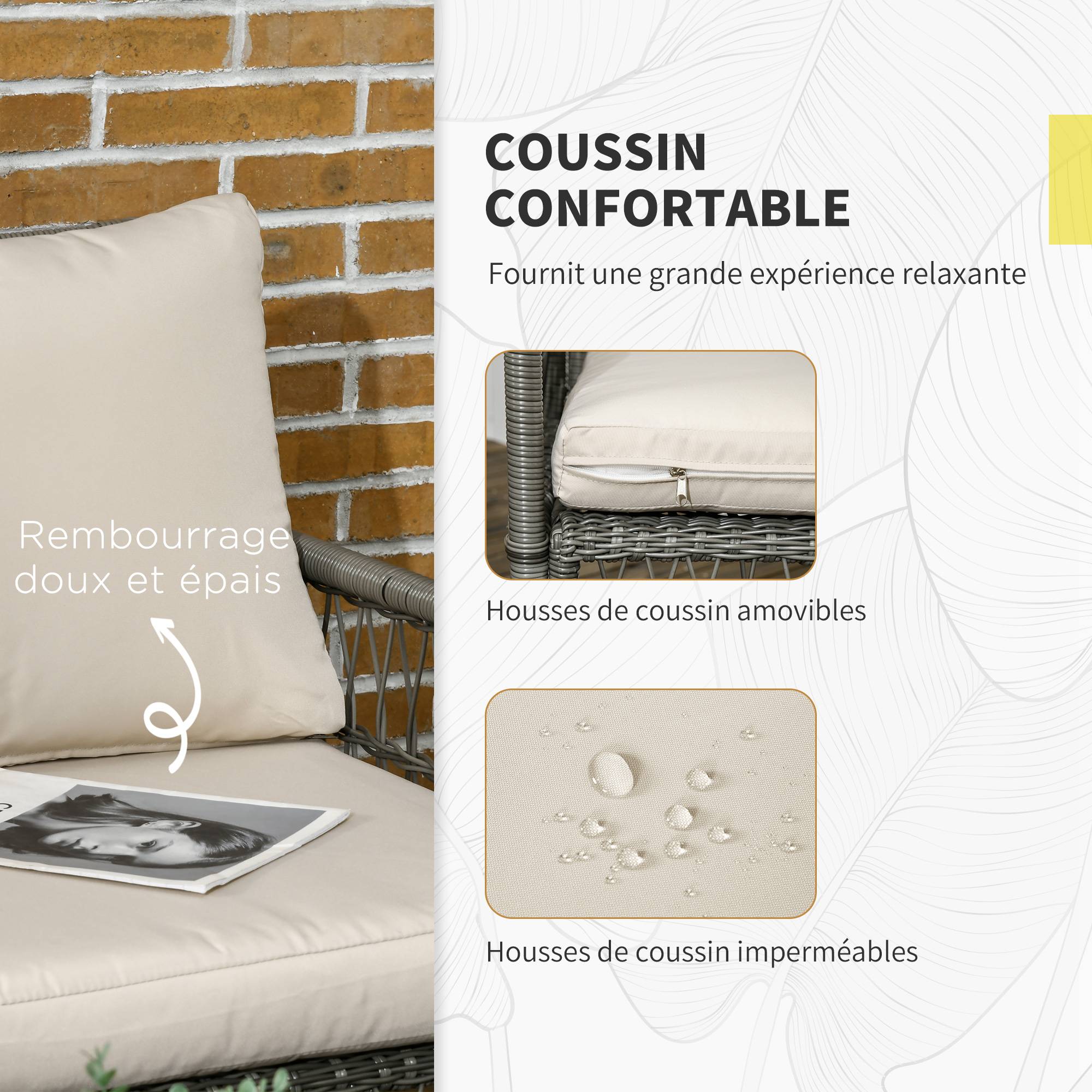 Outsunny - Ensemble salon de jardin 4 personnes 4 pièces - 8 coussins inclus - métal résine aspect rotin - beige gris - Outsunny - Imagen 5