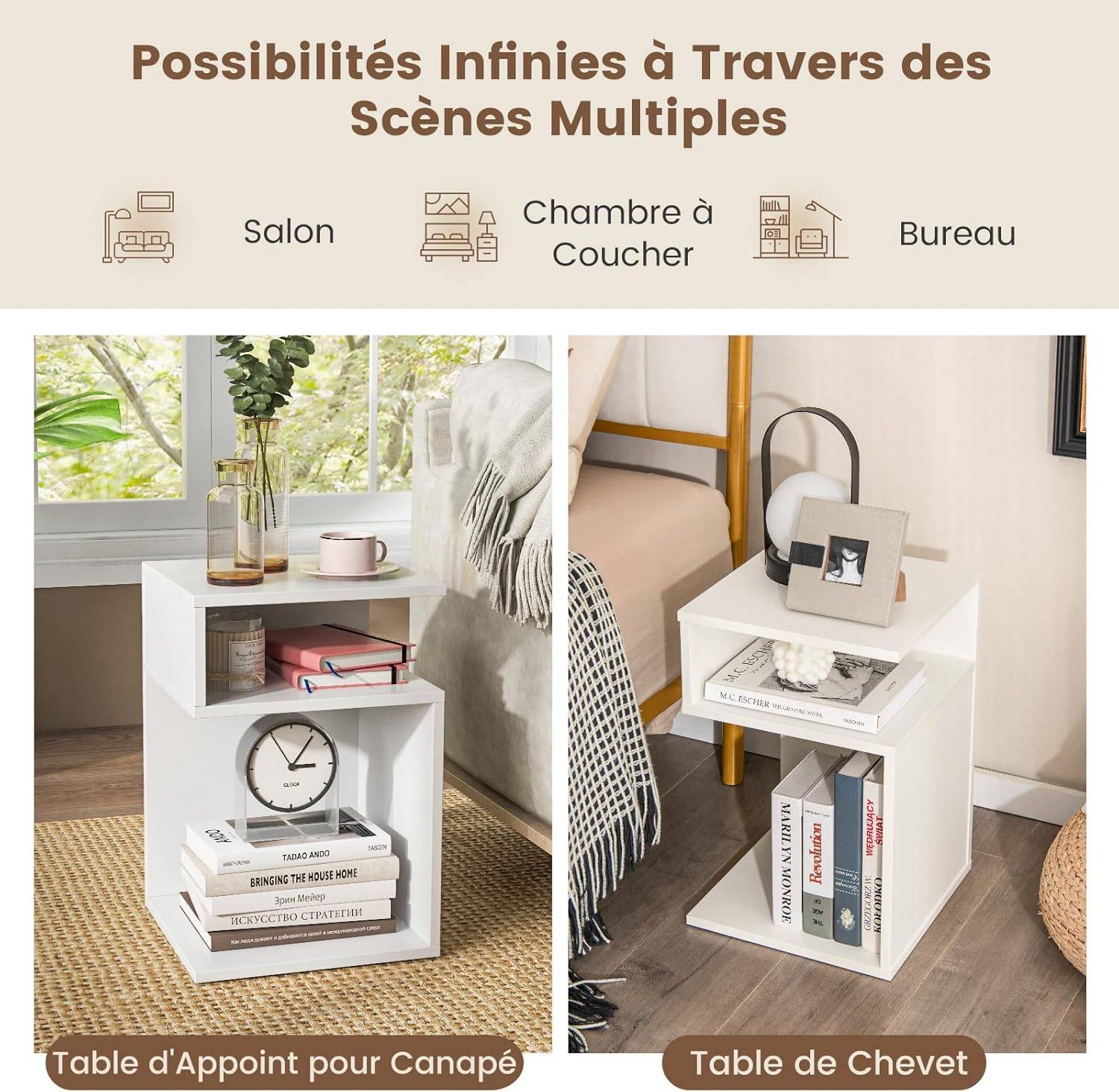Table d'Appoint, Bout de Canapé de Salon en Forme 'S' avec 2 Casiers Ouverts, Chambre - Gamm vert