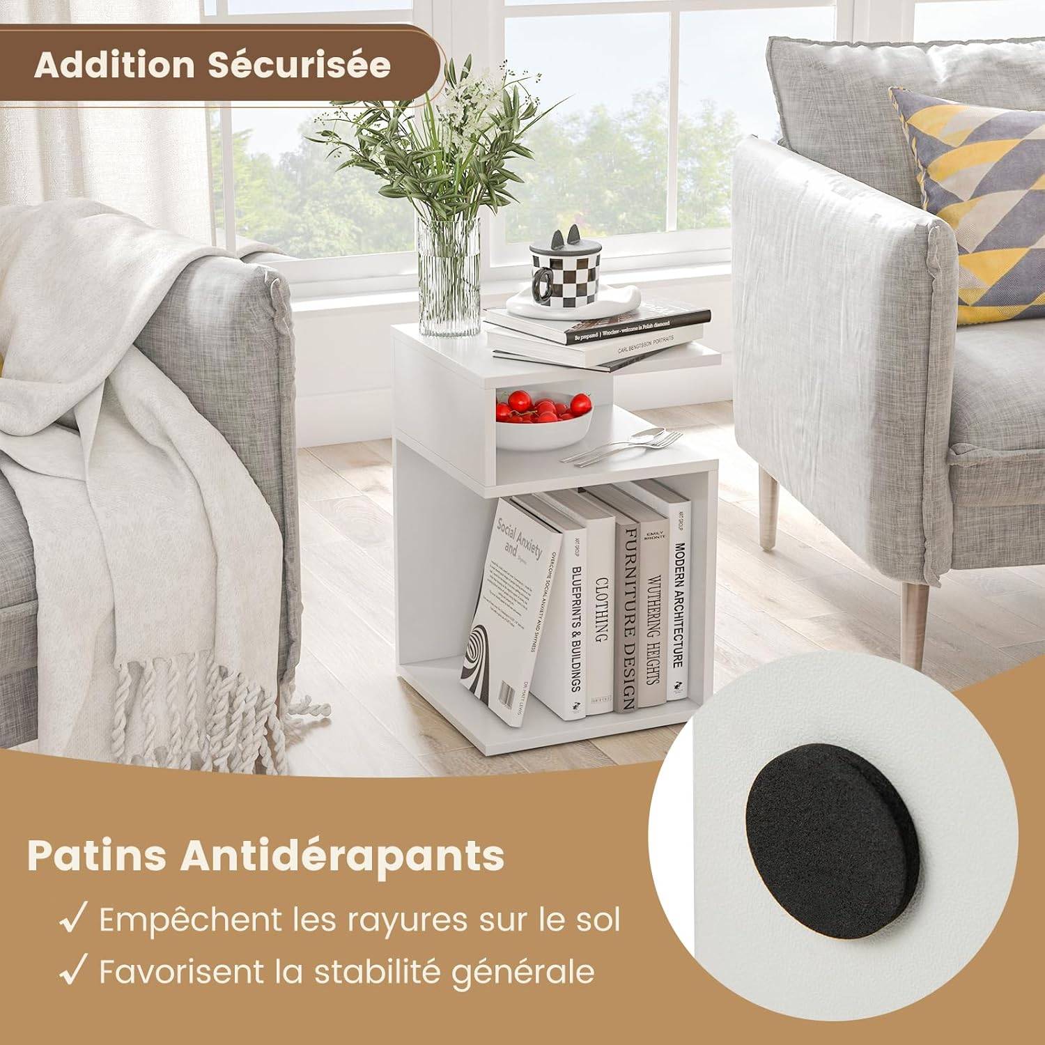 Costway table d'appoint ronde, bout de canape avec panier amovible en tissu, cadre en métal, mini table basse, table de chevet, pour chambre, salon, bureau (blanc