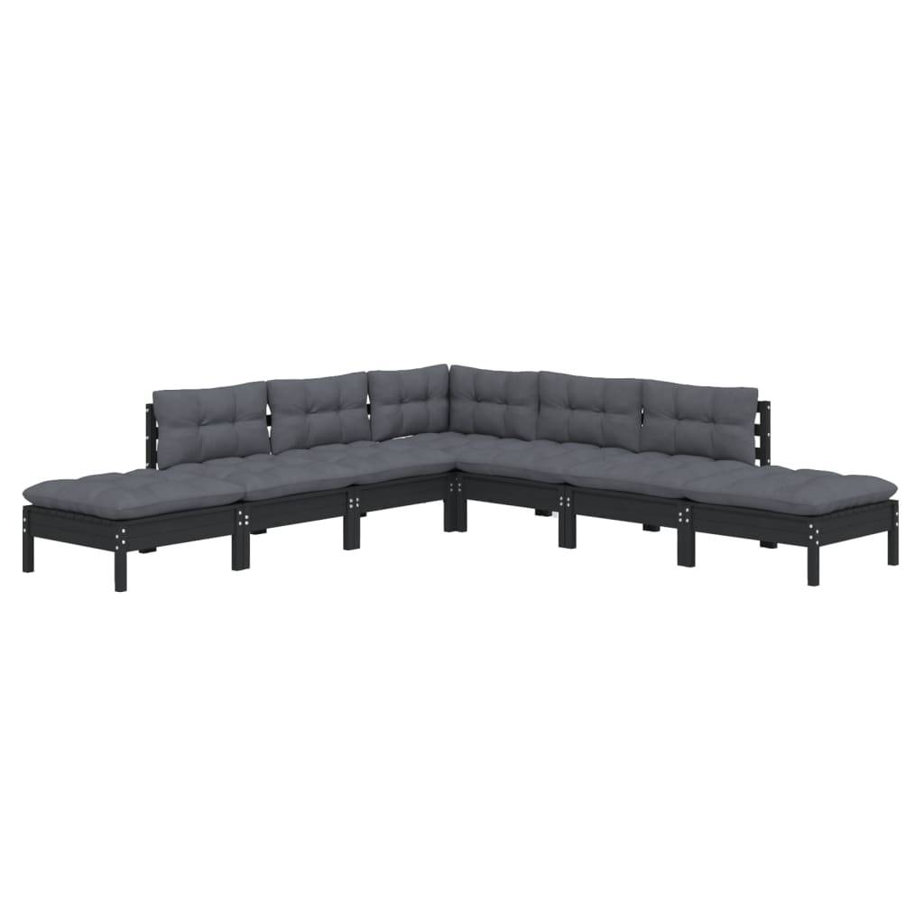 Helloshop26 - Salon de jardin meuble d'extérieur ensemble de mobilier 7 pièces avec coussins noir bois de pin