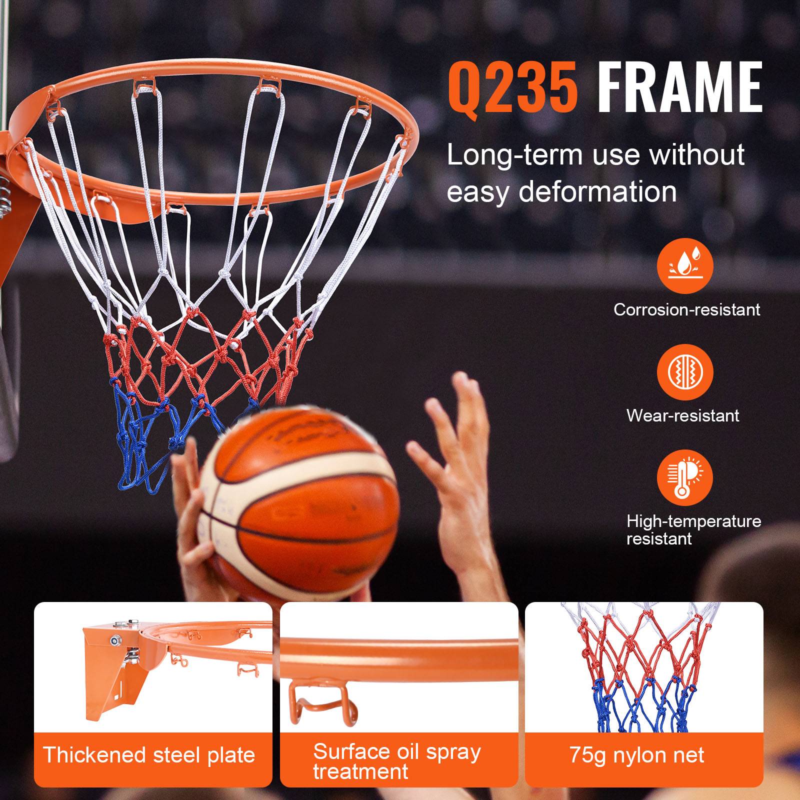 Vevor - VEVOR Panier de basket Ø480 mm en acier au carbone, filet nylon inclus, cerceau mural résistant pour entraînement intérieur et extérieur. - Image 3