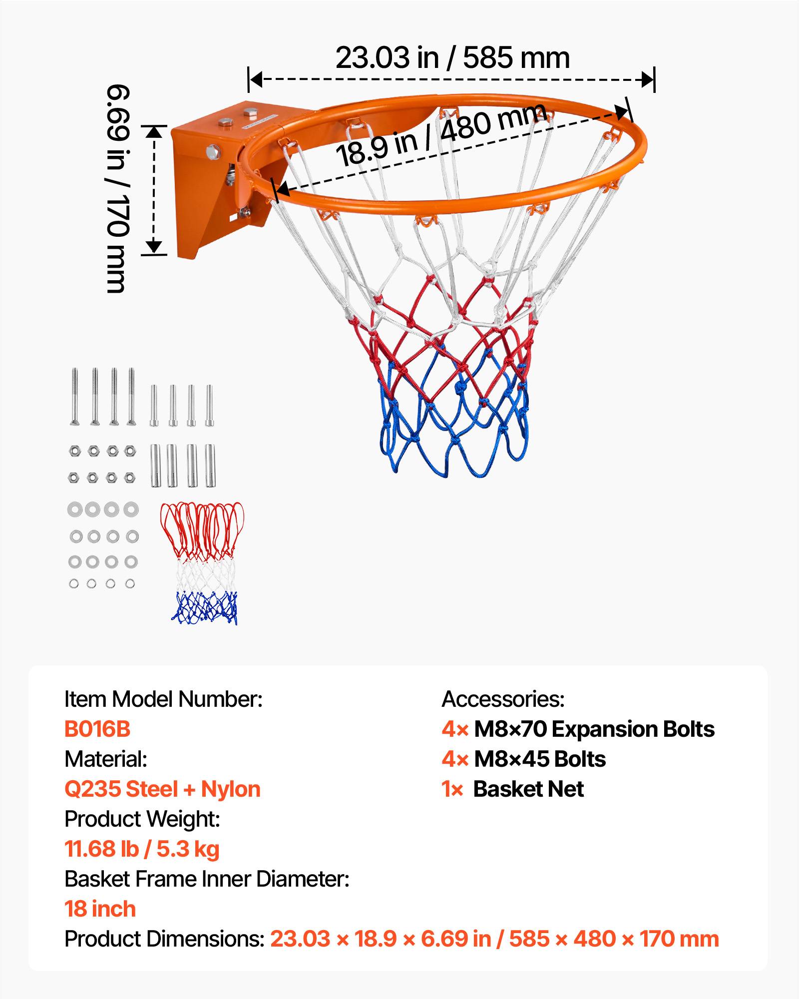 Vevor - VEVOR Panier de basket Ø480 mm en acier au carbone, filet nylon inclus, cerceau mural résistant pour entraînement intérieur et extérieur. - Image 6