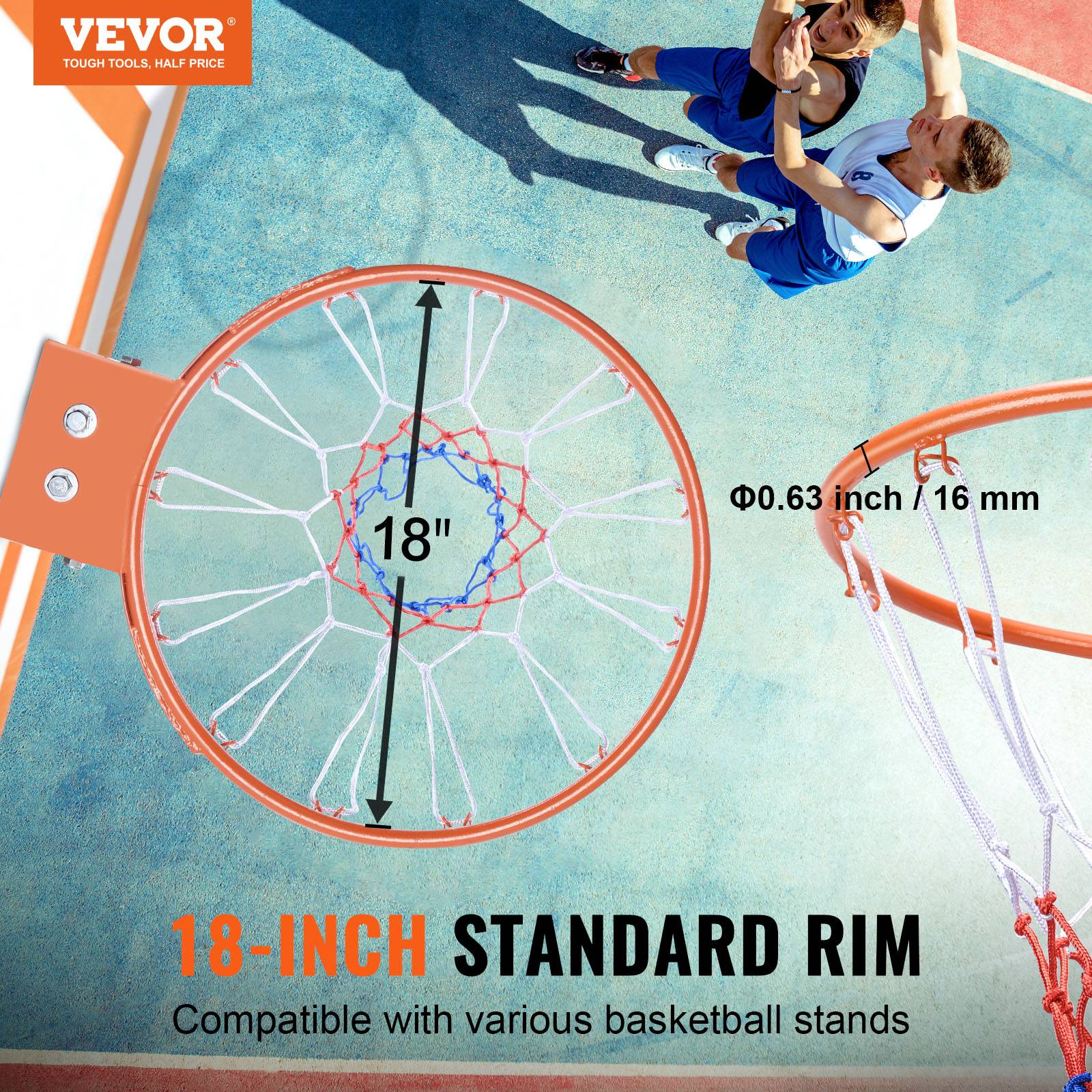 Vevor - VEVOR Panier de basket Ø480 mm en acier au carbone, filet nylon inclus, cerceau mural résistant pour entraînement intérieur et extérieur. - Image 2