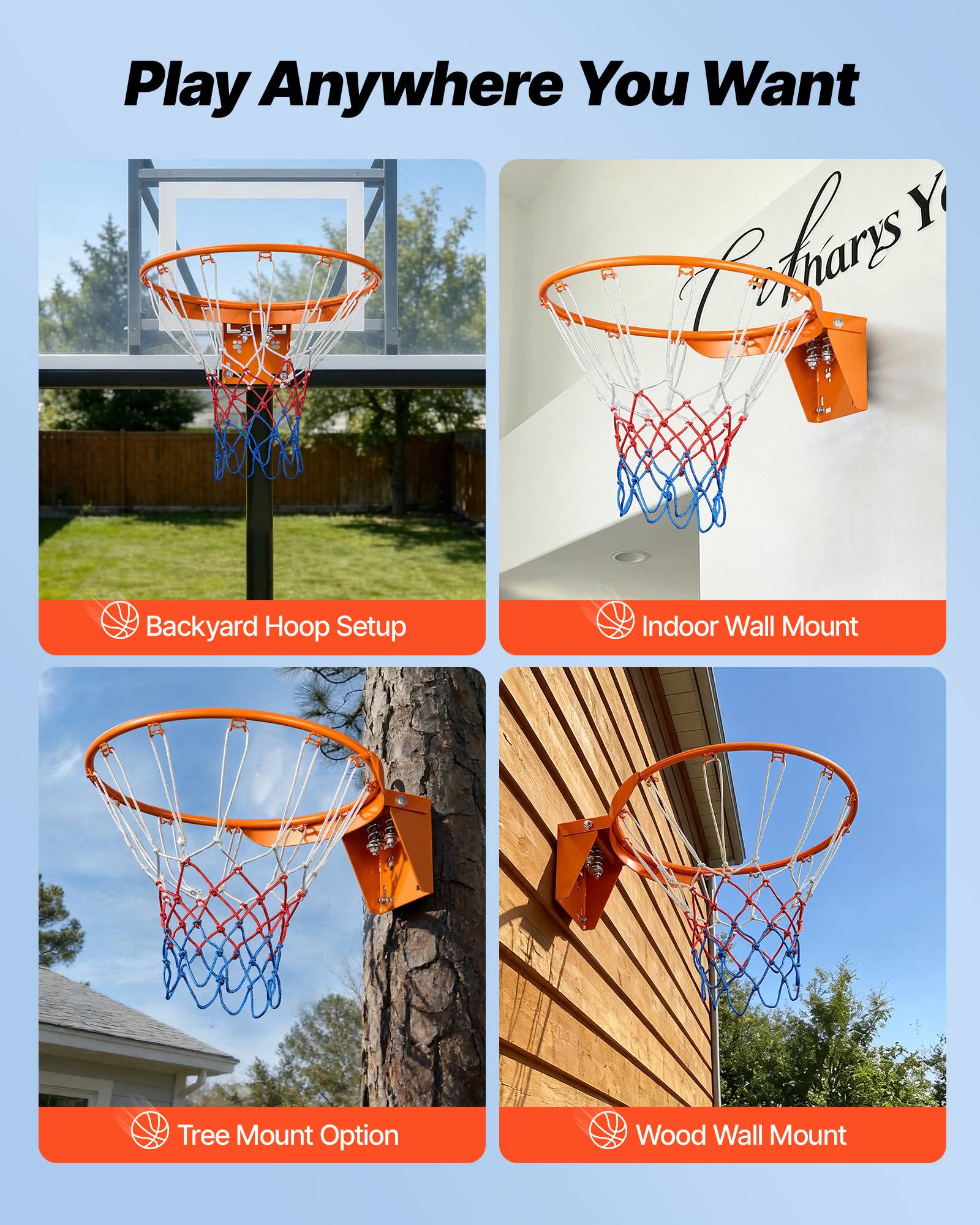 Vevor - VEVOR Panier de basket Ø480 mm en acier au carbone, filet nylon inclus, cerceau mural résistant pour entraînement intérieur et extérieur. - Image 5