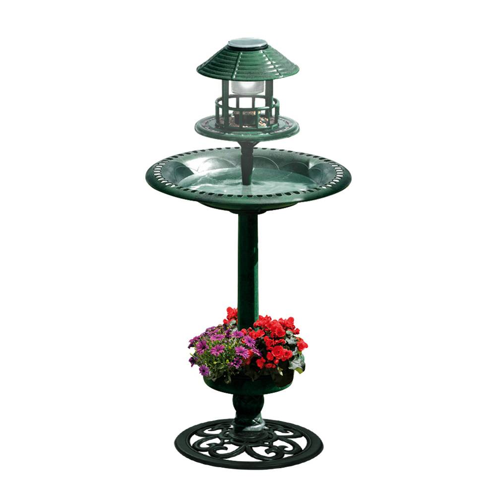 Fontaine abreuvoir à oiseaux sur pied avec lampe solaire et mangeoire - Image 1