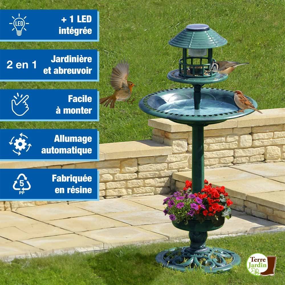 Fontaine abreuvoir à oiseaux sur pied avec lampe solaire et mangeoire - Image 2