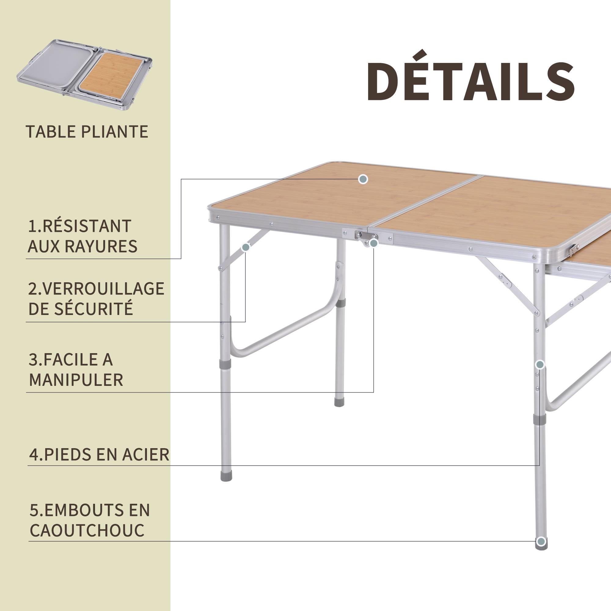 PANGIVO - Table de camping pliante aluminium et MDF imitation bambou 90 x 60 x 70 cm - PANGIVO - Image 9