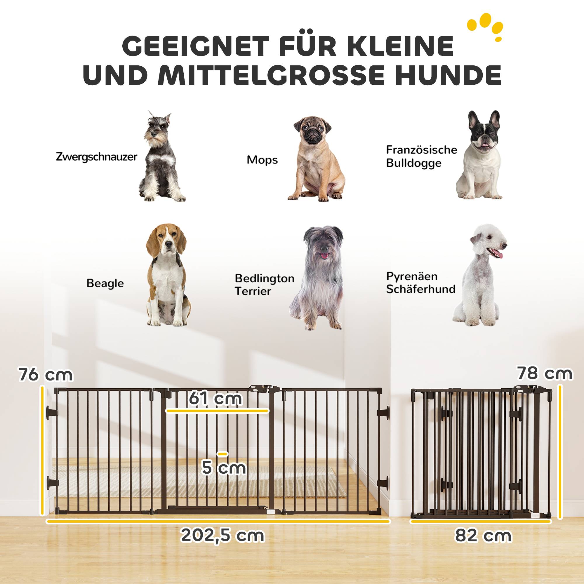 Barrière pour chien autoportante réglable 202,5 x 76 cm, pliable, escaliers, portes, cuisine, 3 panneaux, noir - Image 5
