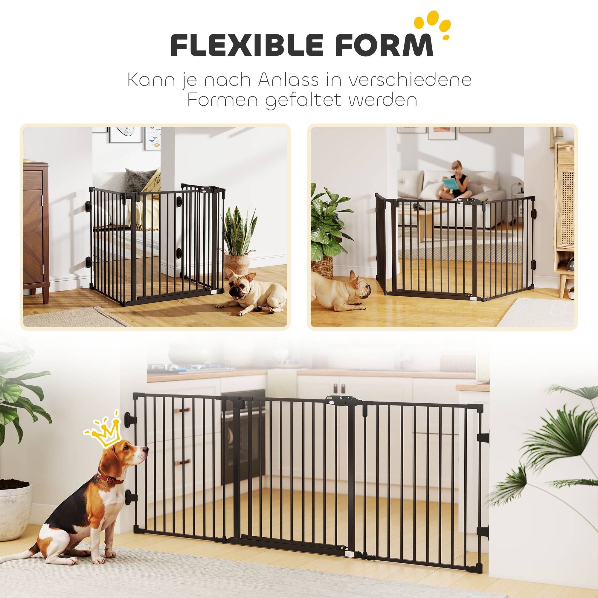 Barrière pour chien autoportante réglable 202,5 x 76 cm, pliable, escaliers, portes, cuisine, 3 panneaux, noir - Image 9