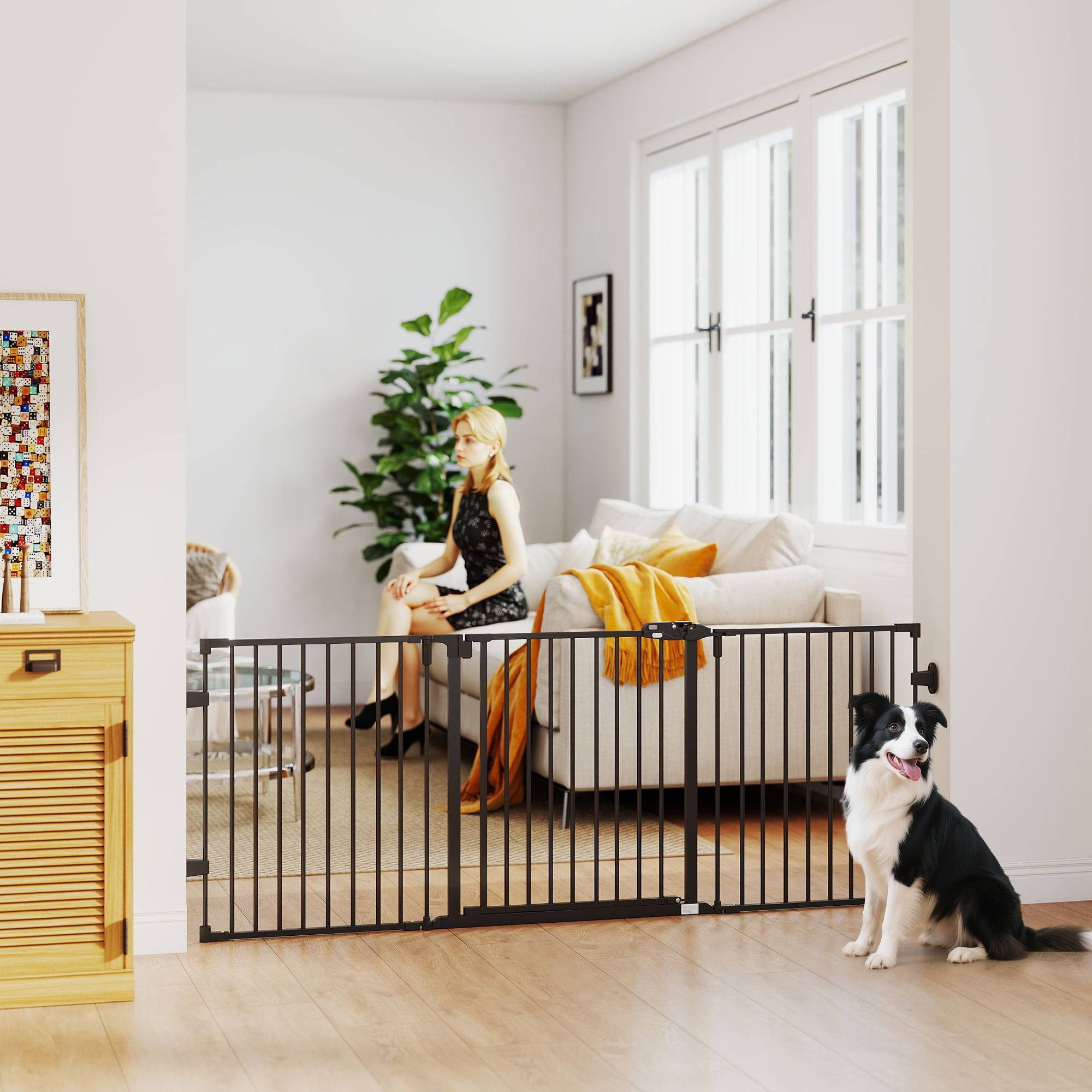 Barrière pour chien autoportante réglable 202,5 x 76 cm, pliable, escaliers, portes, cuisine, 3 panneaux, noir - Image 4