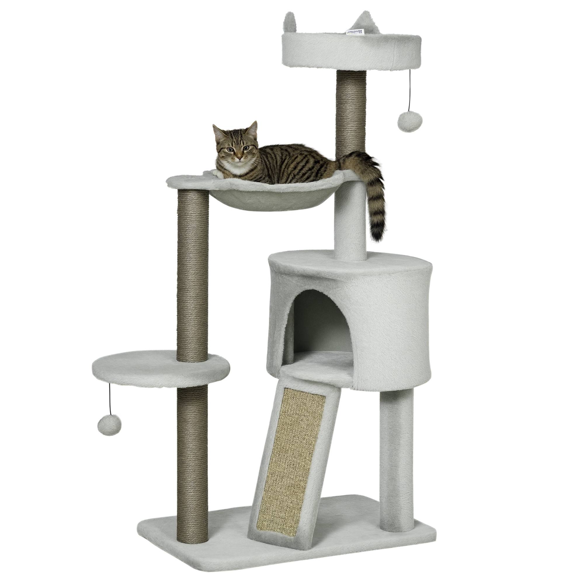 Arbre à chat PawHut, grotte, panier, hamac, jouets, 60 x 40 x 113 cm, gris clair - Image 1