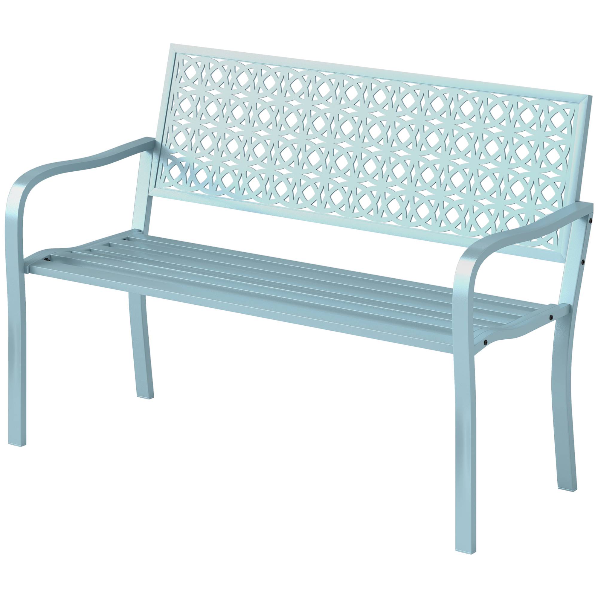 Banc d'extérieur, banc de jardin en acier, dossier ajouré, accoudoirs, pour 2 personnes, bleu - Image 2