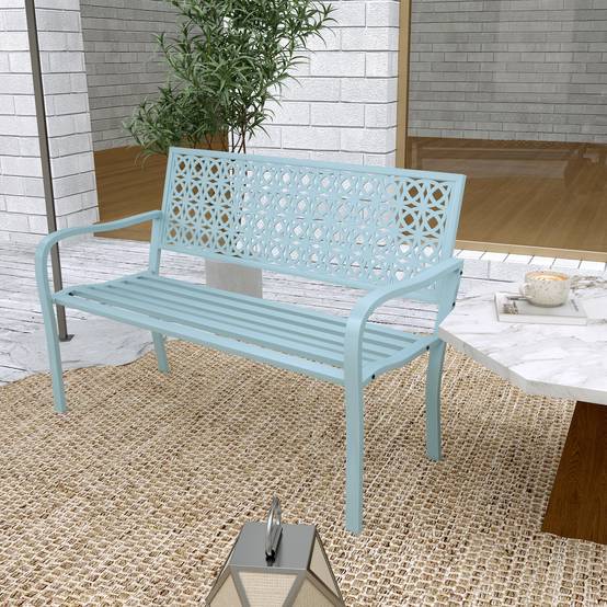 Banc d'extérieur, banc de jardin en acier, dossier ajouré, accoudoirs, pour 2 personnes, bleu - Image 4