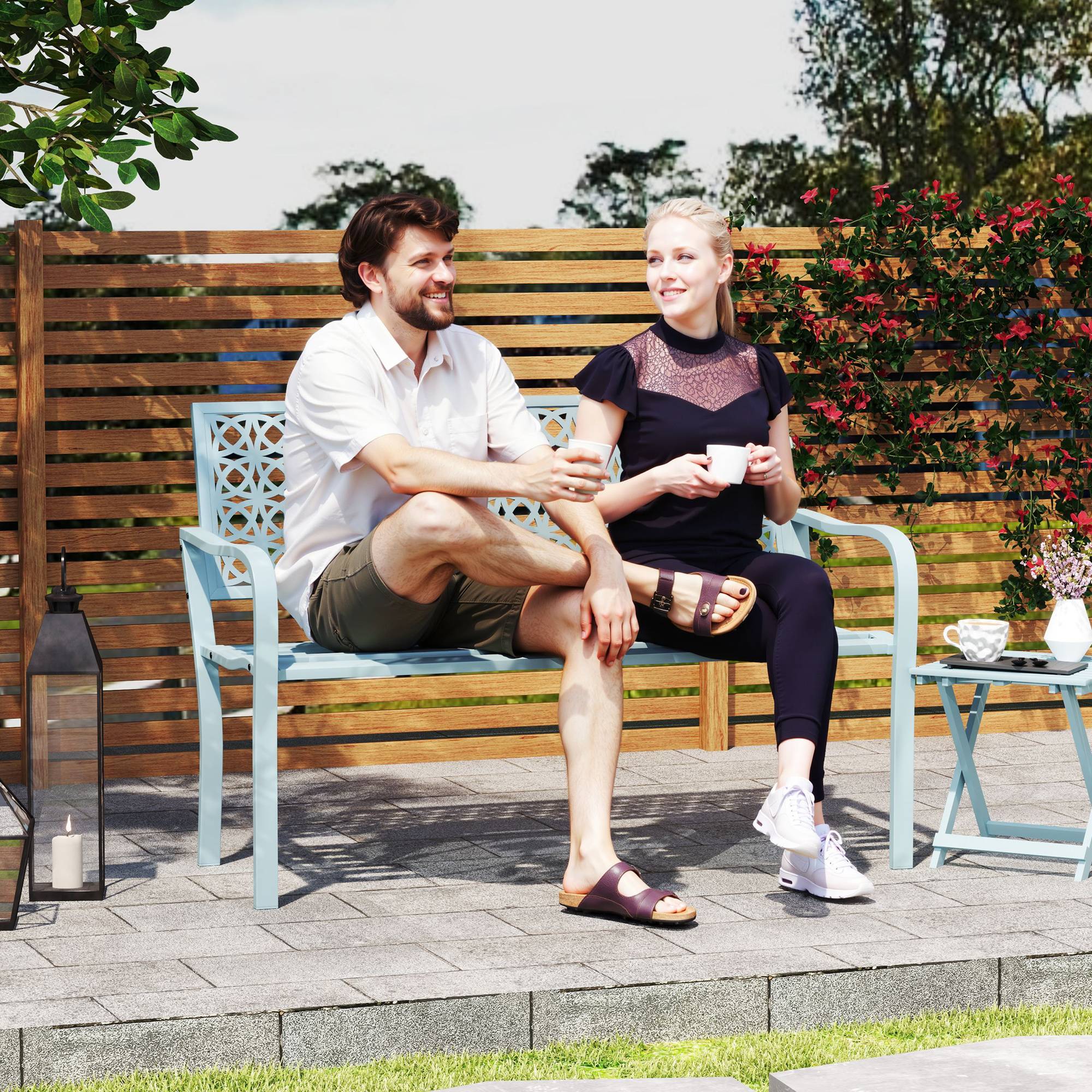 Banc d'extérieur, banc de jardin en acier, dossier ajouré, accoudoirs, pour 2 personnes, bleu - Image 3