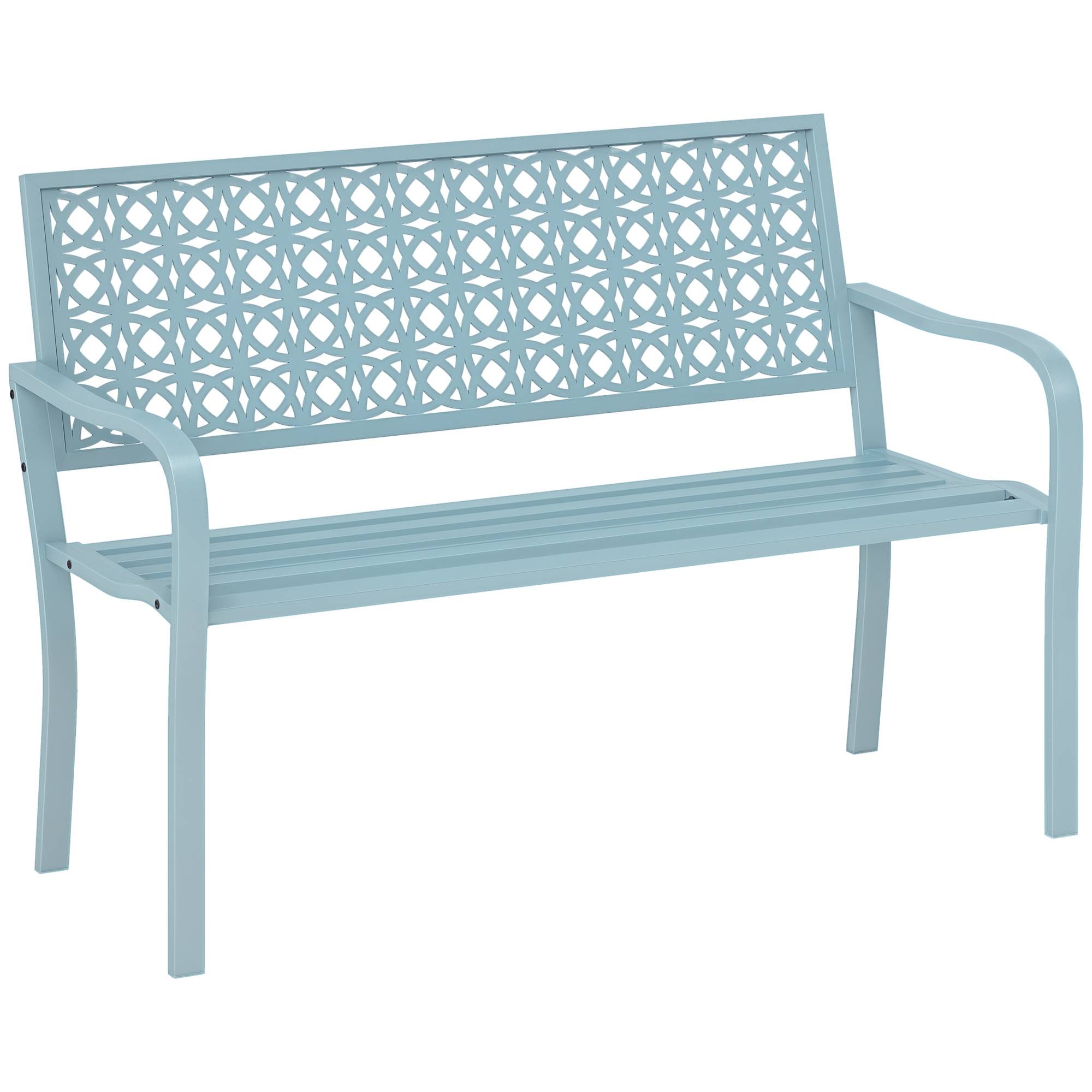 Banc d'extérieur, banc de jardin en acier, dossier ajouré, accoudoirs, pour 2 personnes, bleu - Image 1