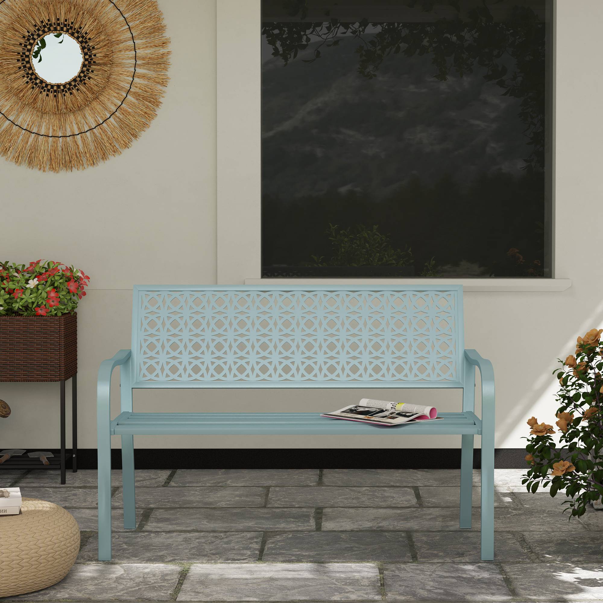 Banc d'extérieur, banc de jardin en acier, dossier ajouré, accoudoirs, pour 2 personnes, bleu - Image 10