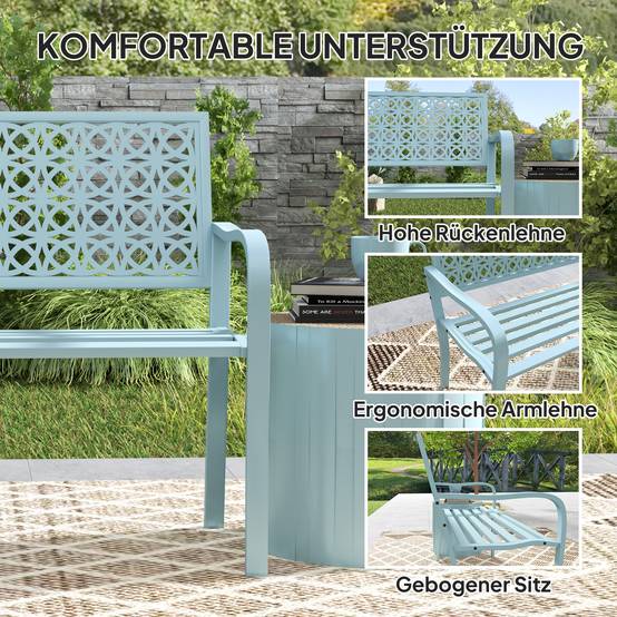 Banc d'extérieur, banc de jardin en acier, dossier ajouré, accoudoirs, pour 2 personnes, bleu - Image 7