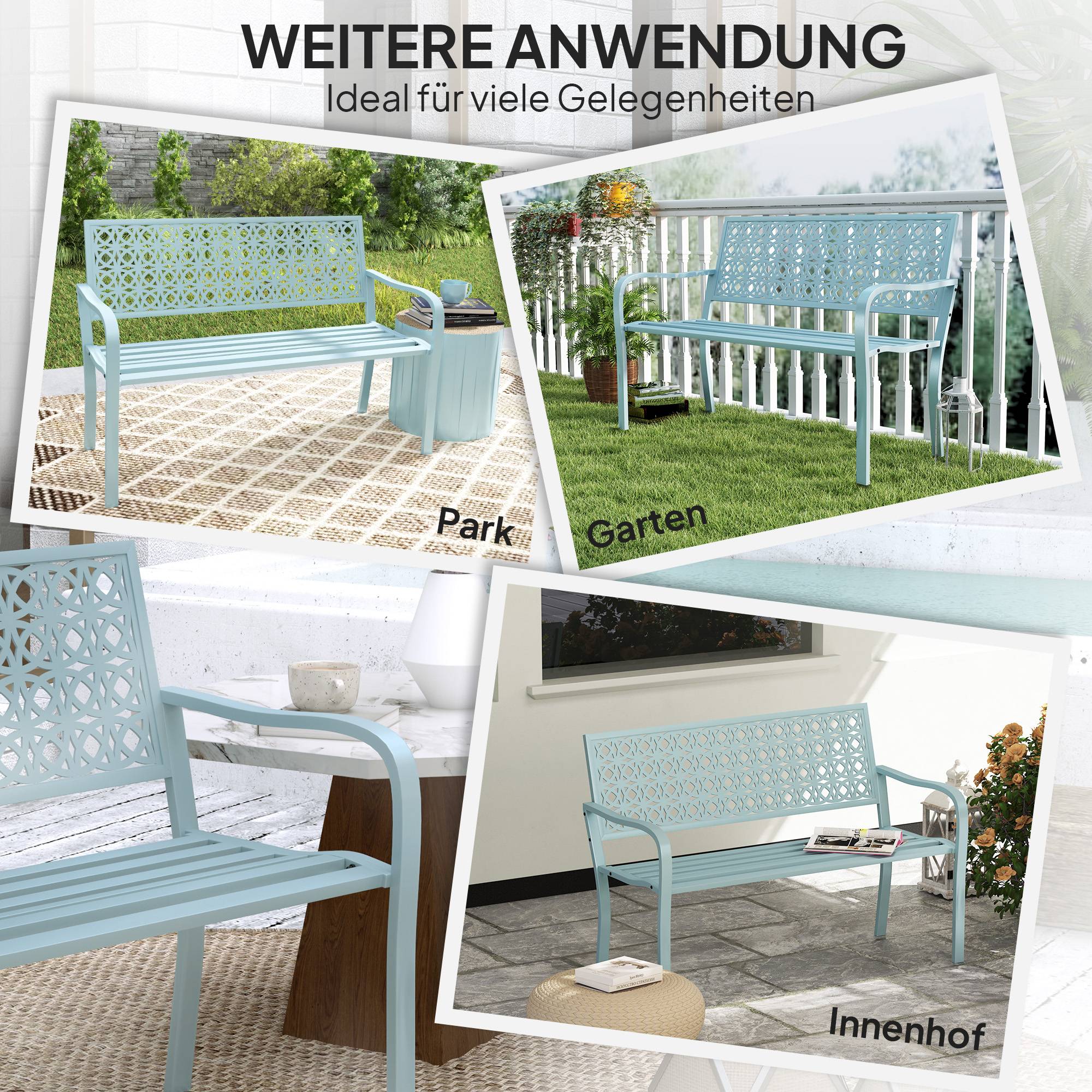 Banc d'extérieur, banc de jardin en acier, dossier ajouré, accoudoirs, pour 2 personnes, bleu - Image 8