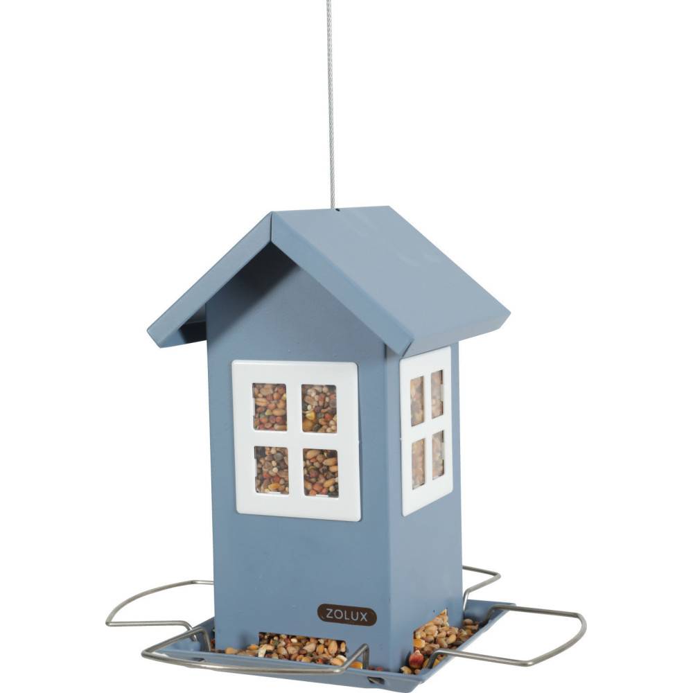Mangeoire maisonnette bleu 4 fenêtres, pour graines oiseaux. - Image 2