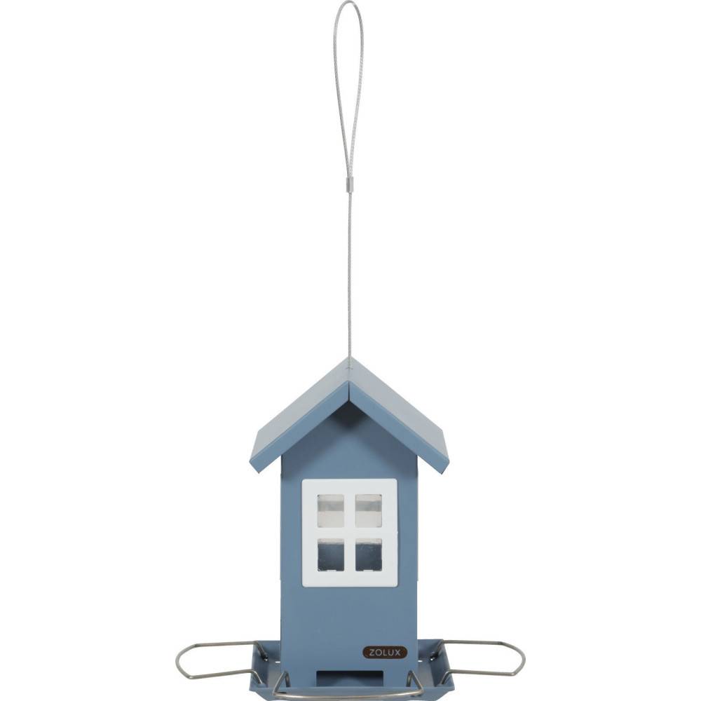 Mangeoire maisonnette bleu 4 fenêtres, pour graines oiseaux. - Image 3