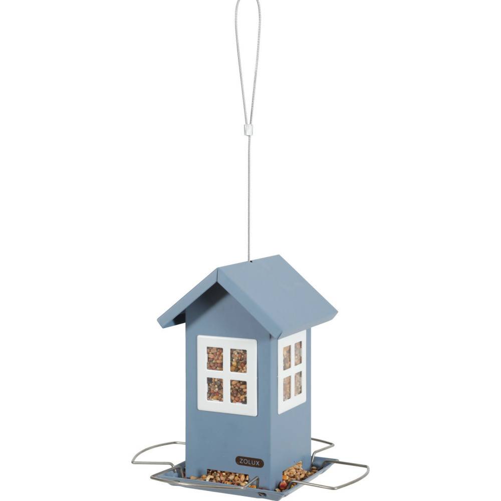 Mangeoire maisonnette bleu 4 fenêtres, pour graines oiseaux. - Imagen 1