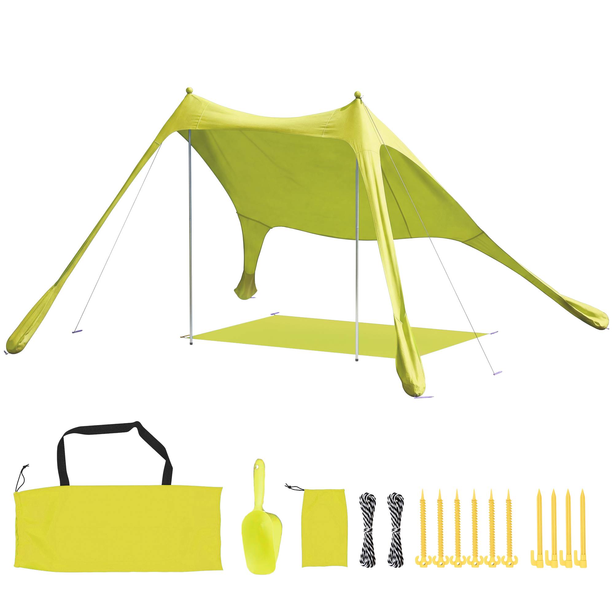 Tente de plage pliable avec tapis solaire UPF50+, poteaux en aluminium, pelle, piquets et sac de transport (verte) - Image 1