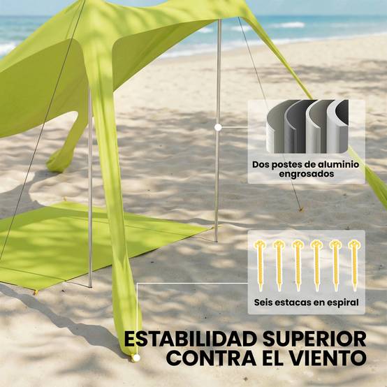 Tente de plage pliable avec tapis solaire UPF50+, poteaux en aluminium, pelle, piquets et sac de transport (verte) - Image 8