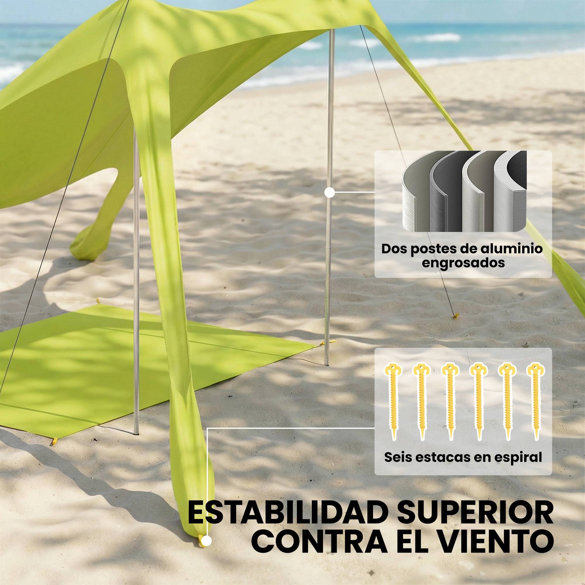 Tente de plage pliable avec tapis solaire UPF50+, poteaux en aluminium, pelle, piquets et sac de transport (verte) - Image 8