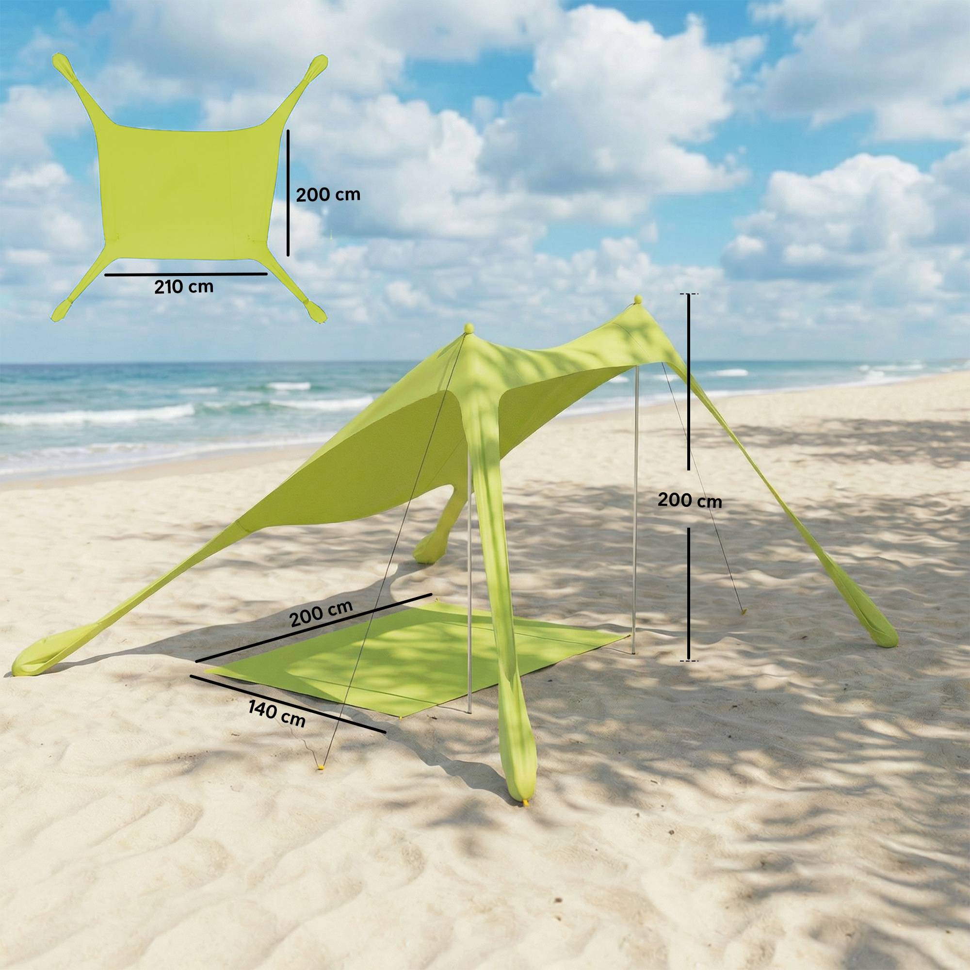 Tente de plage pliable avec tapis solaire UPF50+, poteaux en aluminium, pelle, piquets et sac de transport (verte) - Image 5