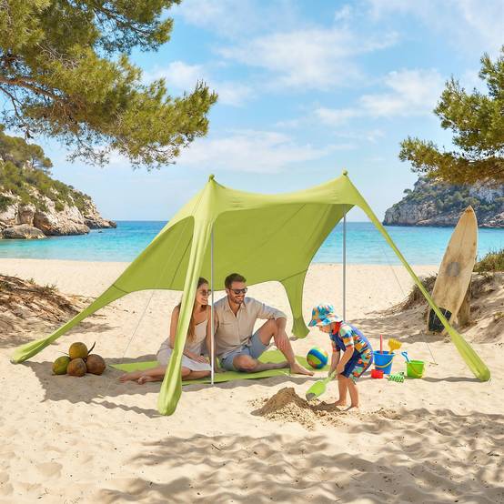 Tente de plage pliable avec tapis solaire UPF50+, poteaux en aluminium, pelle, piquets et sac de transport (verte) - Image 4