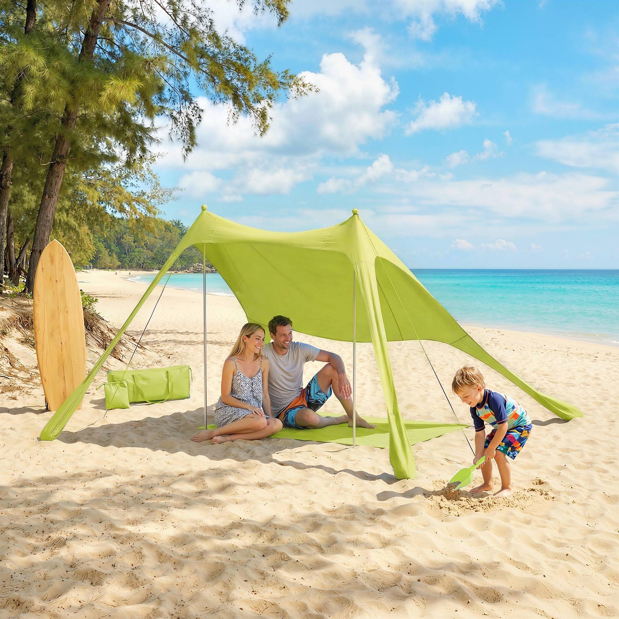 Tente de plage pliable avec tapis solaire UPF50+, poteaux en aluminium, pelle, piquets et sac de transport (verte) - Image 10