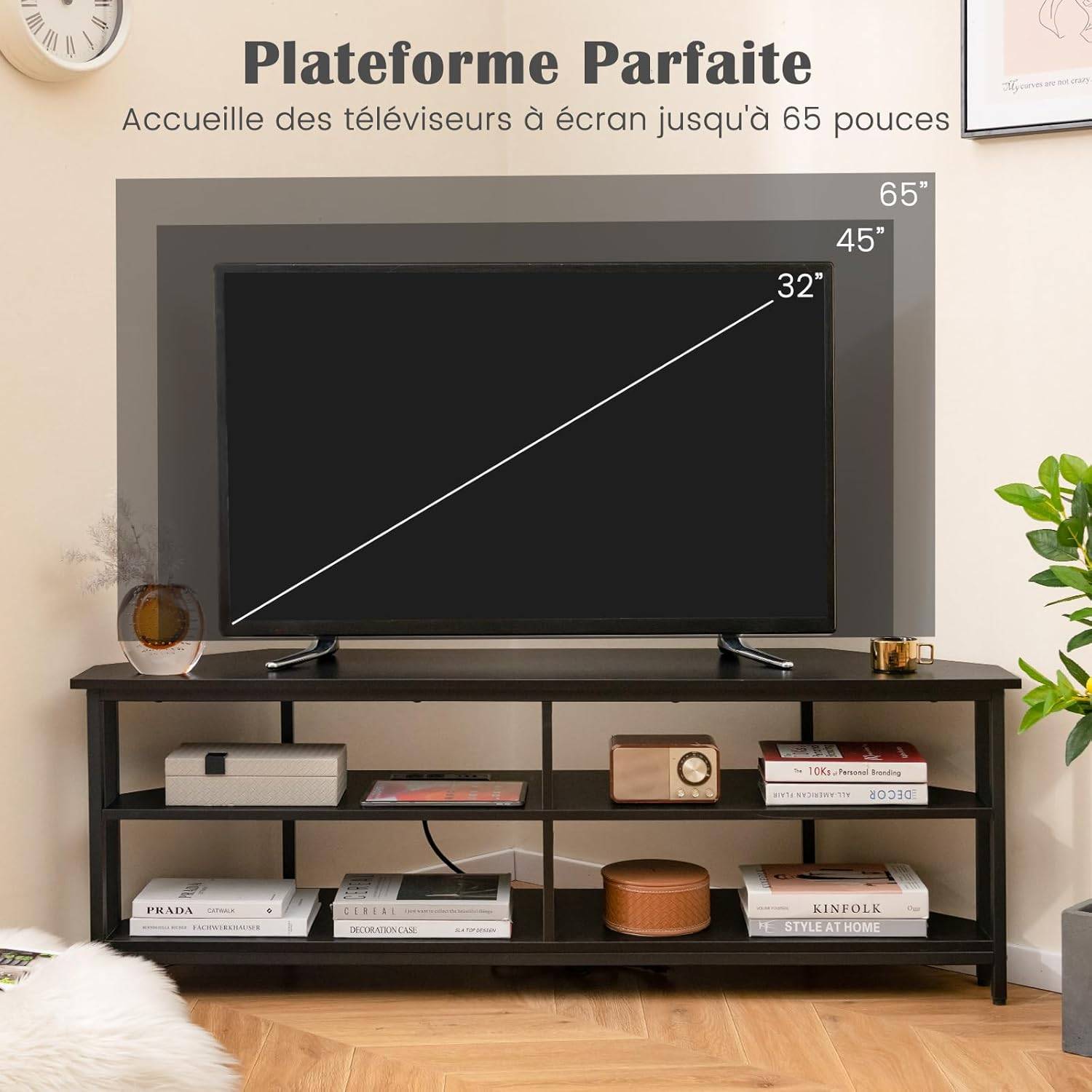 Meuble TV Angle, Meuble Télé avec Prise, 2 Prises, 2 USB, 1 Type-C, Petit Meuble TV pour 65", Meuble TV Bois 3 Niveaux (Noir) - Imagen 4