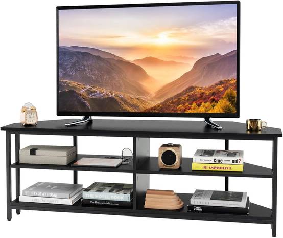Meuble TV Angle, Meuble Télé avec Prise, 2 Prises, 2 USB, 1 Type-C, Petit Meuble TV pour 65", Meuble TV Bois 3 Niveaux (Noir) - Imagen 1