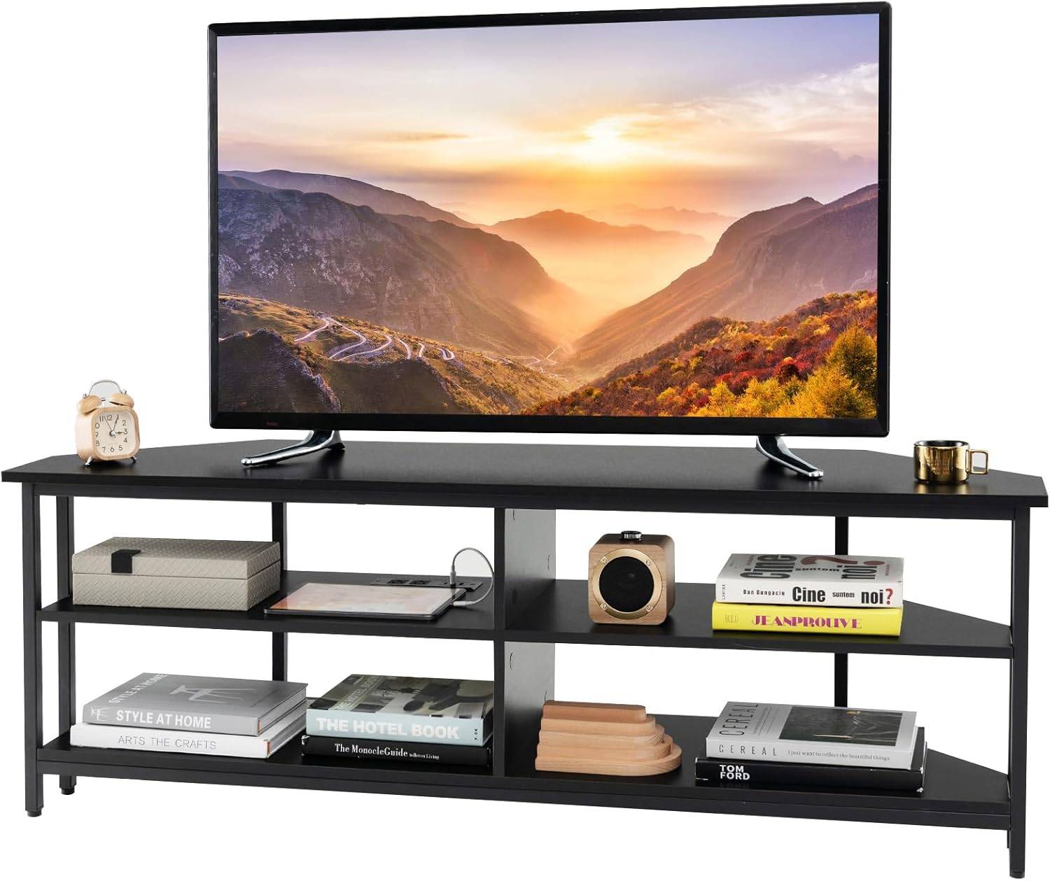 Meuble TV Angle, Meuble Télé avec Prise, 2 Prises, 2 USB, 1 Type-C, Petit Meuble TV pour 65", Meuble TV Bois 3 Niveaux (Noir) - Imagen 1