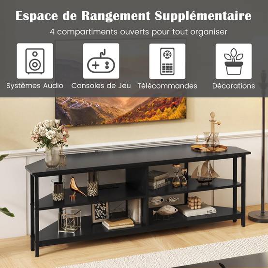 Meuble TV Angle, Meuble Télé avec Prise, 2 Prises, 2 USB, 1 Type-C, Petit Meuble TV pour 65", Meuble TV Bois 3 Niveaux (Noir) - Imagen 6