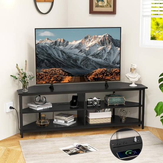 Meuble TV Angle, Meuble Télé avec Prise, 2 Prises, 2 USB, 1 Type-C, Petit Meuble TV pour 65", Meuble TV Bois 3 Niveaux (Noir) - Imagen 8