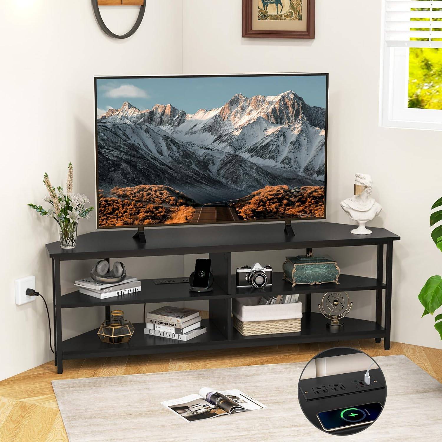 Meuble TV Angle, Meuble Télé avec Prise, 2 Prises, 2 USB, 1 Type-C, Petit Meuble TV pour 65", Meuble TV Bois 3 Niveaux (Noir) - Imagen 8