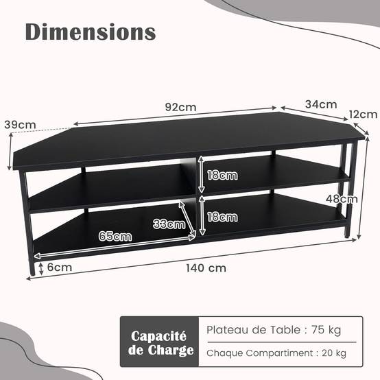 Meuble TV Angle, Meuble Télé avec Prise, 2 Prises, 2 USB, 1 Type-C, Petit Meuble TV pour 65", Meuble TV Bois 3 Niveaux (Noir) - Imagen 7