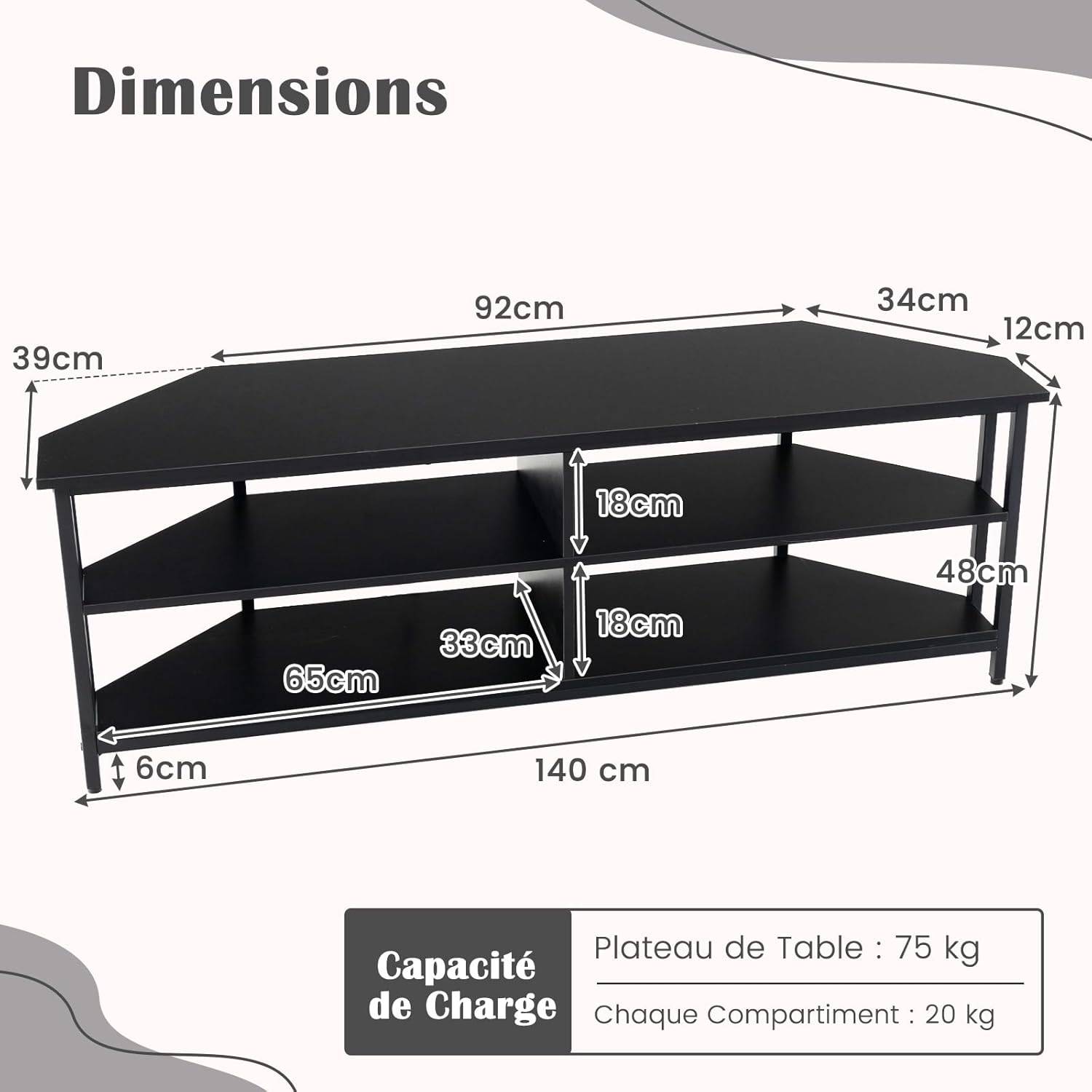 Meuble TV Angle, Meuble Télé avec Prise, 2 Prises, 2 USB, 1 Type-C, Petit Meuble TV pour 65", Meuble TV Bois 3 Niveaux (Noir) - Imagen 7