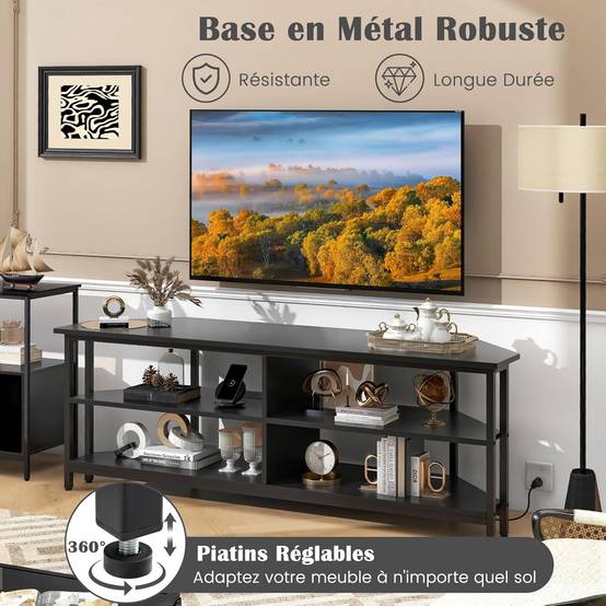 Meuble TV Angle, Meuble Télé avec Prise, 2 Prises, 2 USB, 1 Type-C, Petit Meuble TV pour 65", Meuble TV Bois 3 Niveaux (Noir) - Imagen 5