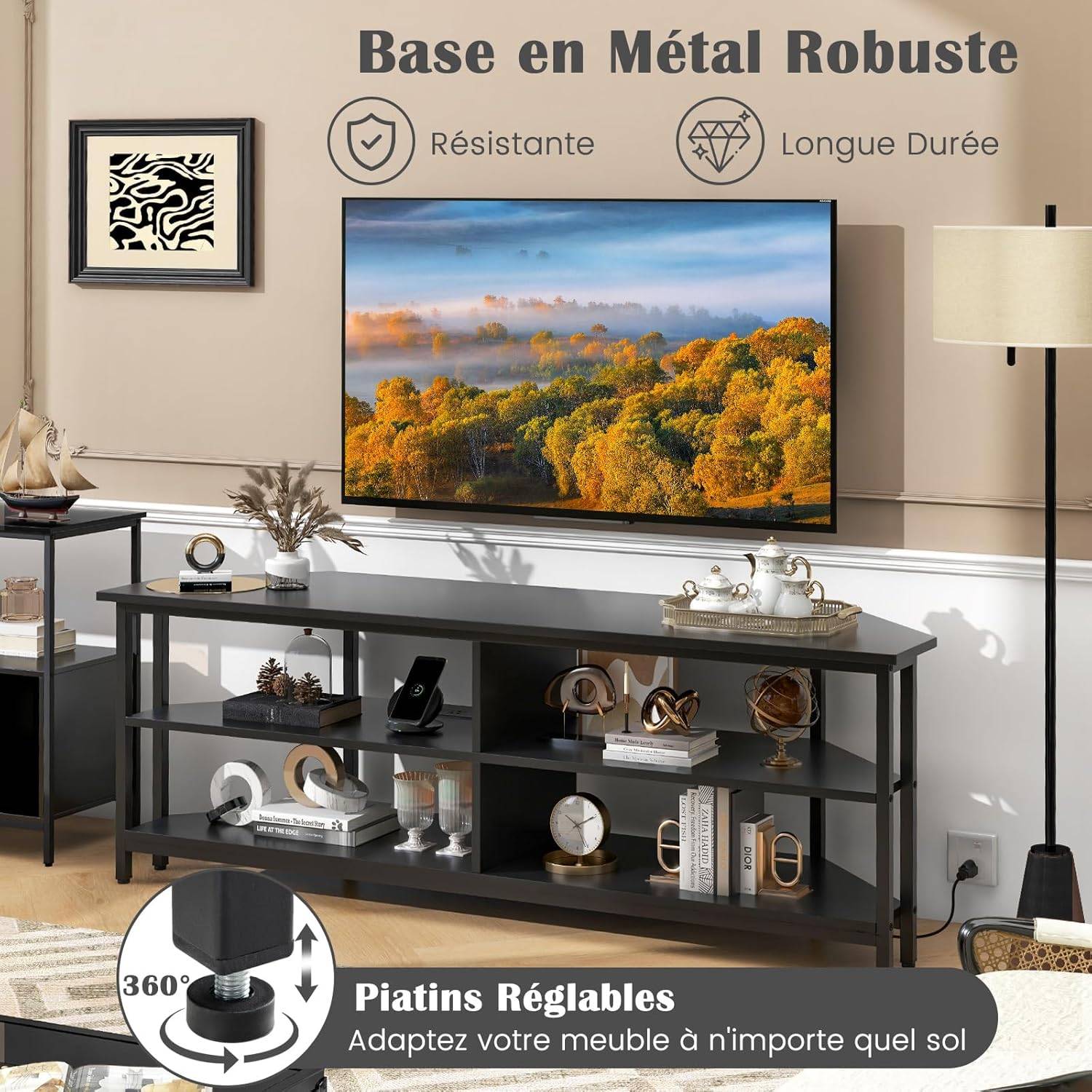Meuble TV Angle, Meuble Télé avec Prise, 2 Prises, 2 USB, 1 Type-C, Petit Meuble TV pour 65", Meuble TV Bois 3 Niveaux (Noir) - Imagen 5
