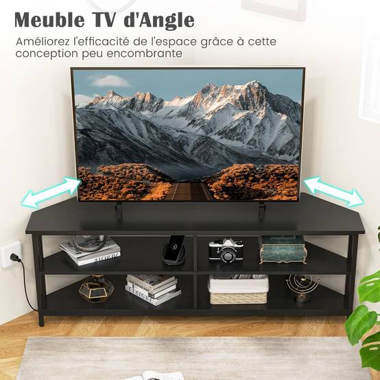 Meuble TV Angle, Meuble Télé avec Prise, 2 Prises, 2 USB, 1 Type-C, Petit Meuble TV pour 65", Meuble TV Bois 3 Niveaux (Noir) - Imagen 3