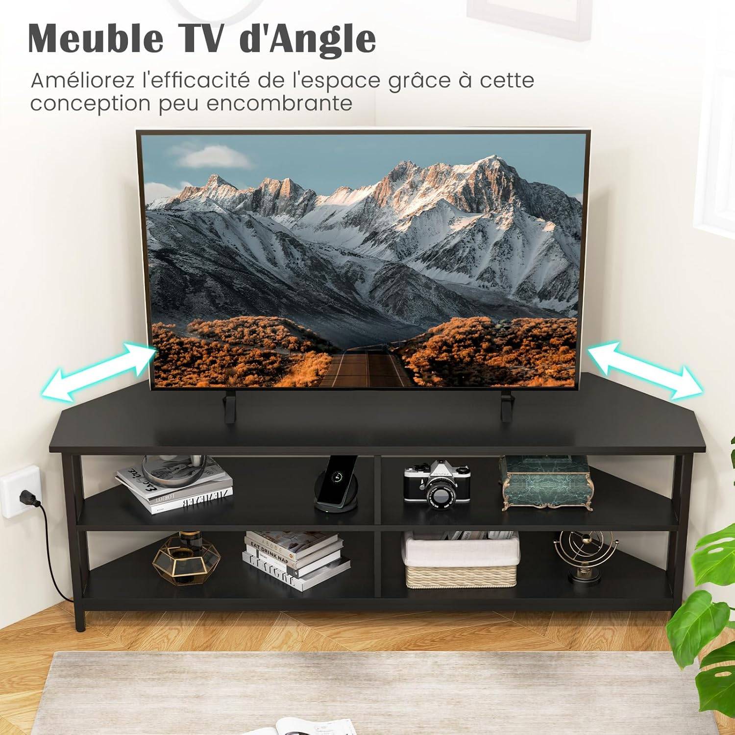 Meuble TV Angle, Meuble Télé avec Prise, 2 Prises, 2 USB, 1 Type-C, Petit Meuble TV pour 65", Meuble TV Bois 3 Niveaux (Noir) - Imagen 3