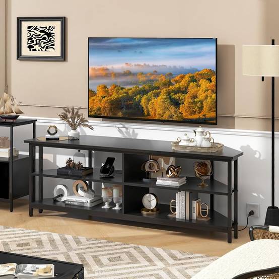 Meuble TV Angle, Meuble Télé avec Prise, 2 Prises, 2 USB, 1 Type-C, Petit Meuble TV pour 65", Meuble TV Bois 3 Niveaux (Noir) - Imagen 2