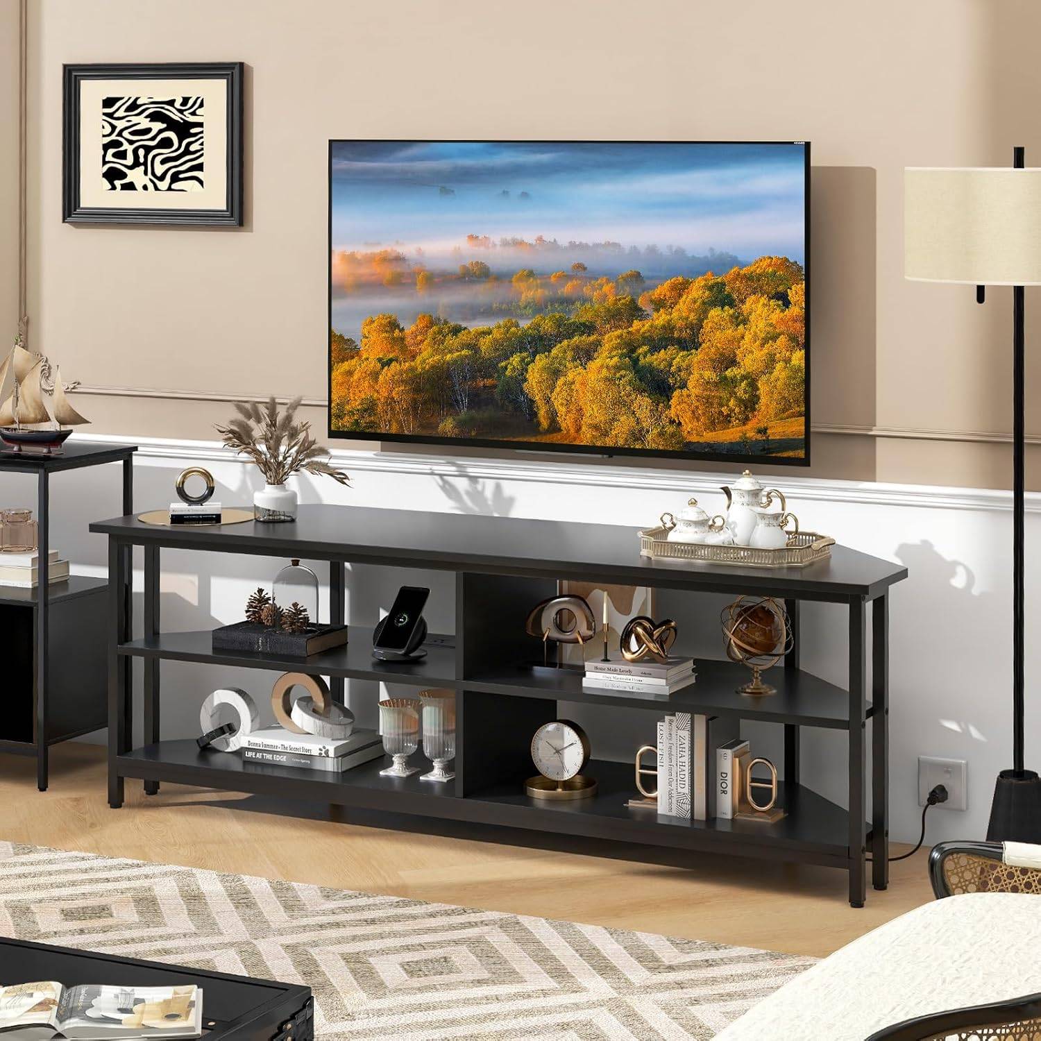 Meuble TV Angle, Meuble Télé avec Prise, 2 Prises, 2 USB, 1 Type-C, Petit Meuble TV pour 65", Meuble TV Bois 3 Niveaux (Noir) - Imagen 2