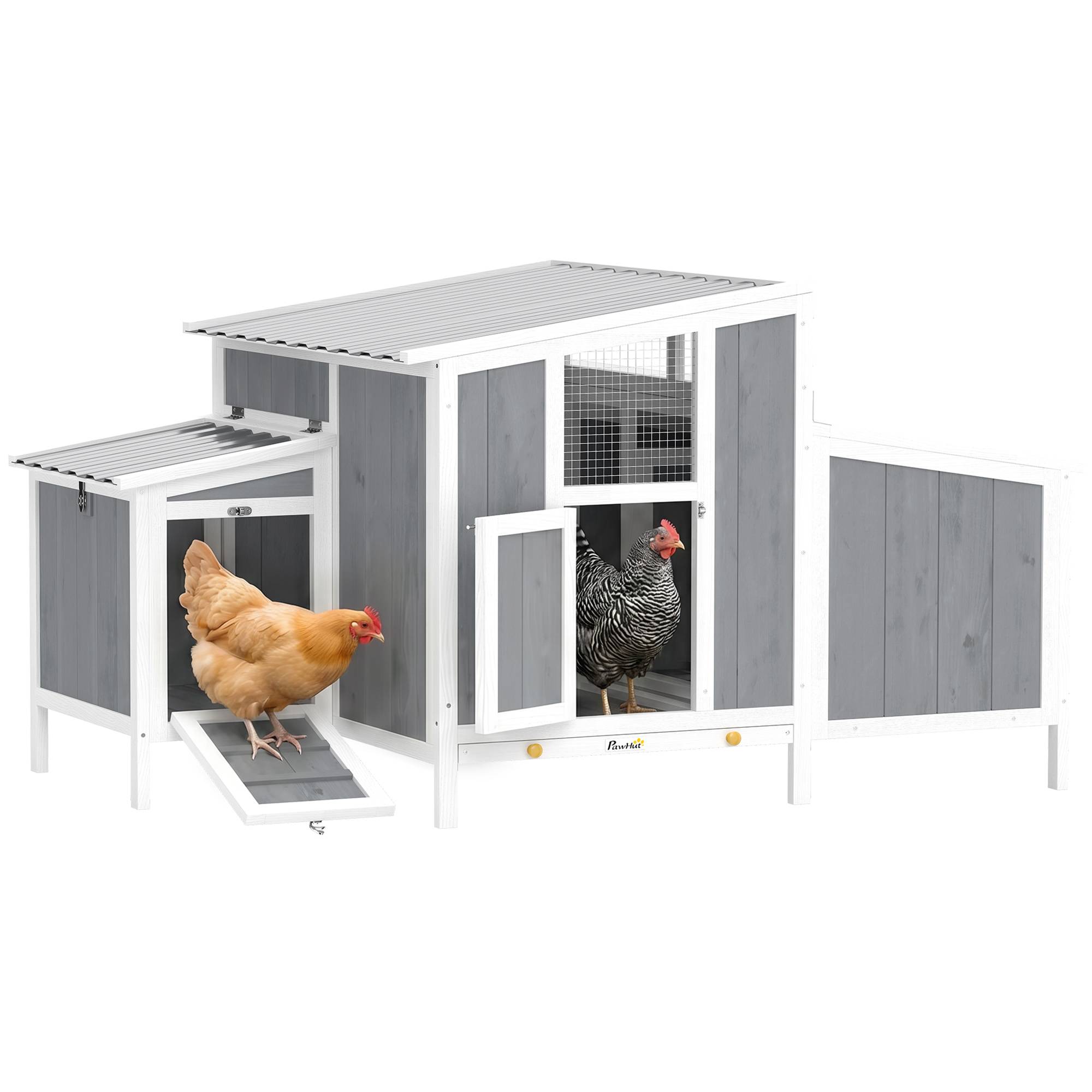Poulailler en bois avec porte verrouillable, pondoir et toit imperméable en PET pour 3 à 4 poules, 145 x 90 x 92 cm, gris - Image 1