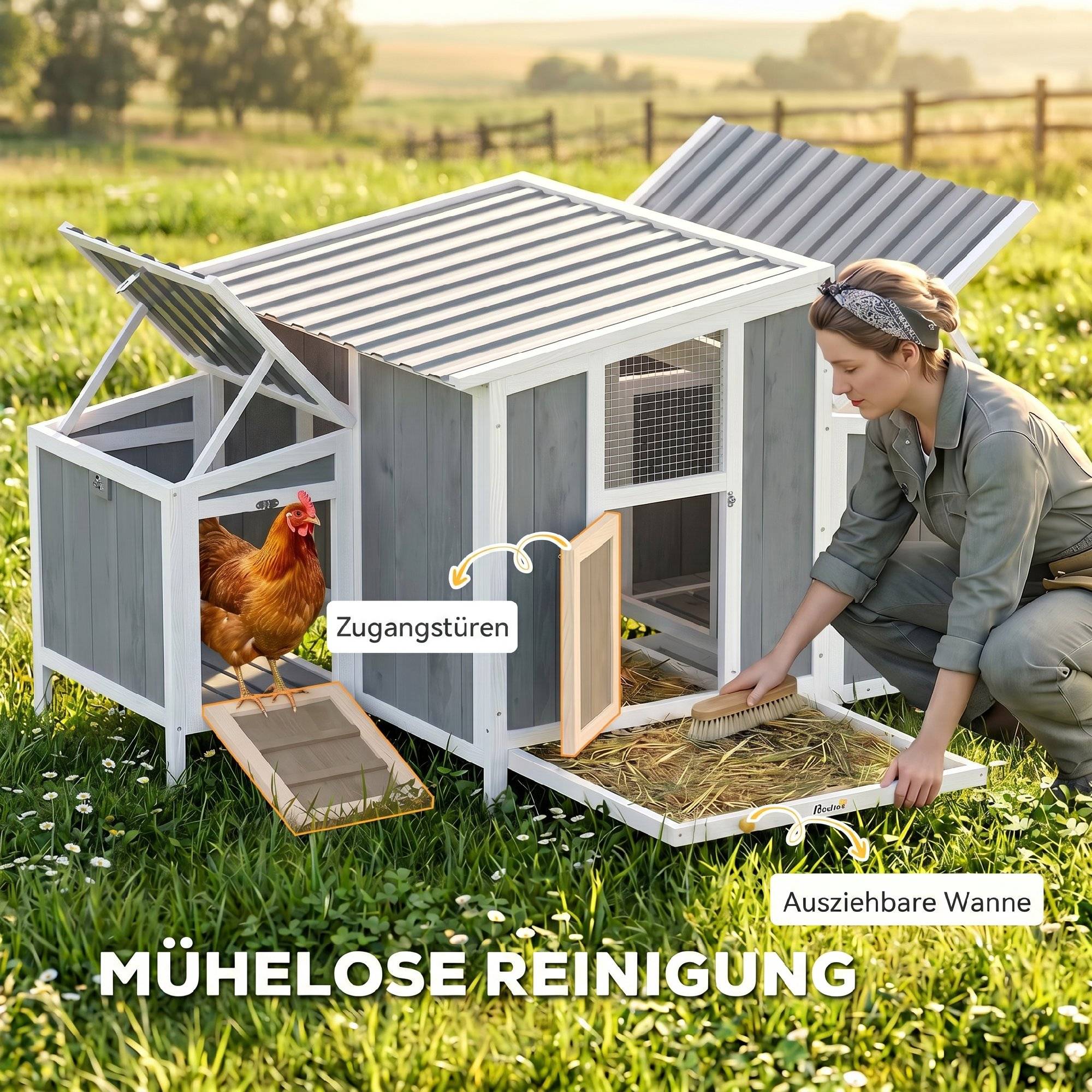Poulailler en bois avec porte verrouillable, pondoir et toit imperméable en PET pour 3 à 4 poules, 145 x 90 x 92 cm, gris - Image 8